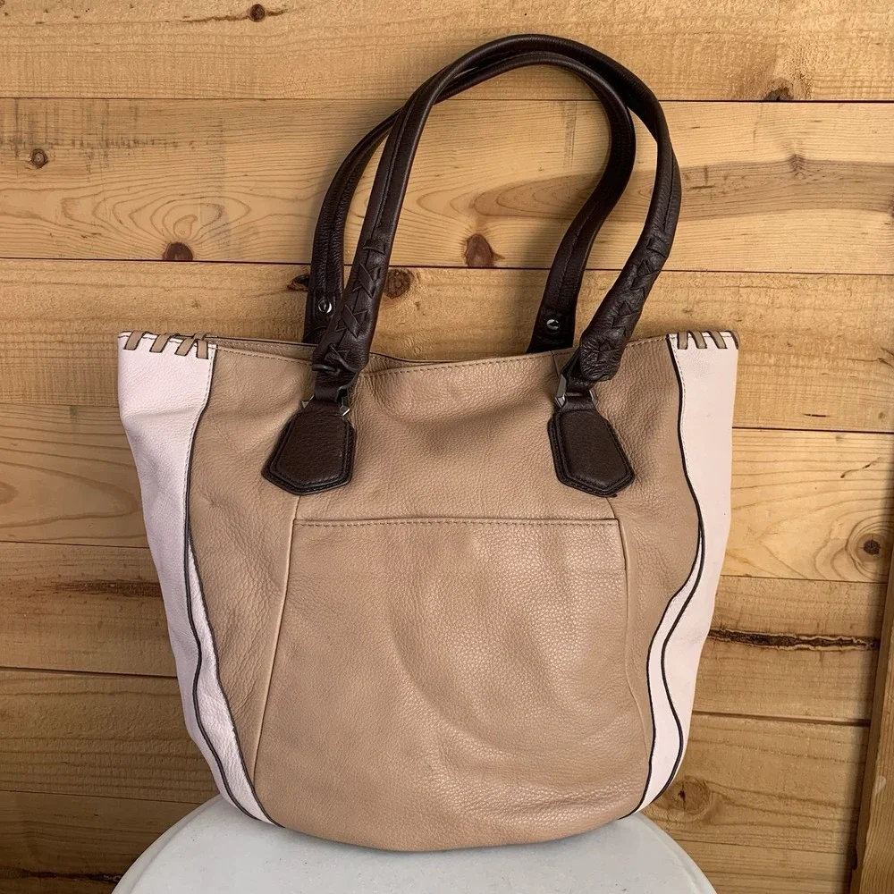 OrYANY‎ Lyssie Tan/Pink/Brown Colorblock Soft Pebbled Leather Tote Hobo Purse